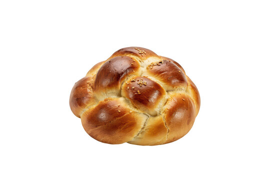 A round braided challah bread loaf topped with sesame seeds, baked golden brown and shiny isolated on a transparent background