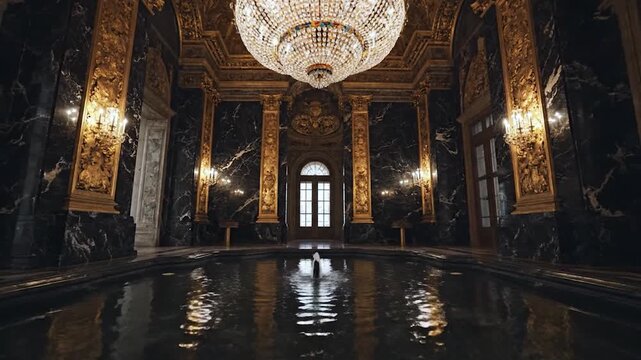 Opulent palace hall with large crystal chandelier and indoor pool surrounded by black marble and gold decor