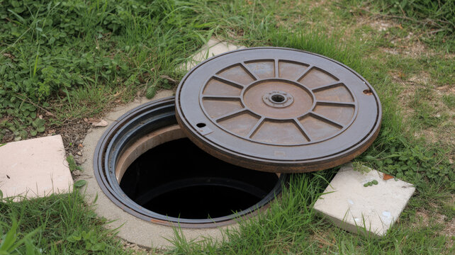 Open cast iron manhole cover with dark hole in grassy ground