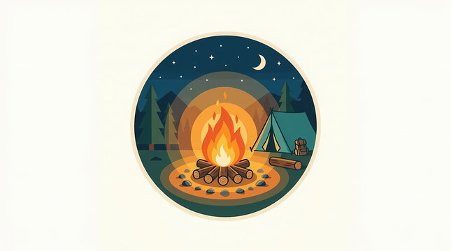 Camping bonfire with stacked logs under a starry night sky with a tent in the forest wilderness