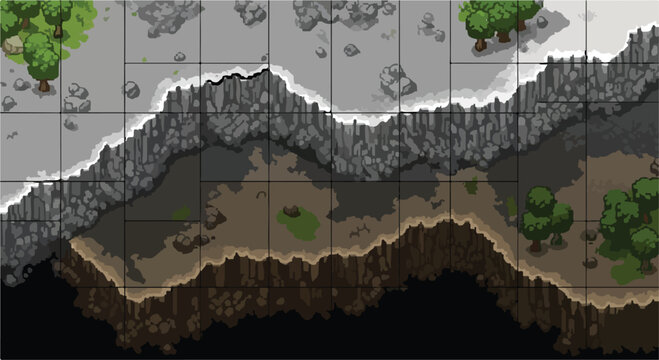 Pixel art game map tileset, retro 2D fantasy landscape with rocky cliffs and green trees, top-down tactical RPG environment vector