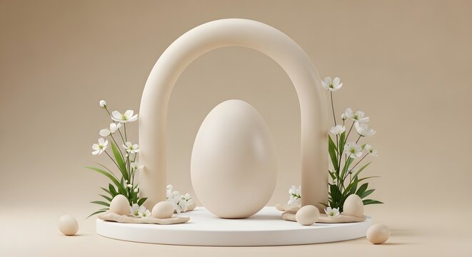 3d render of an easter product display podium with a large egg, archway, and white spring flowers on a soft beige background