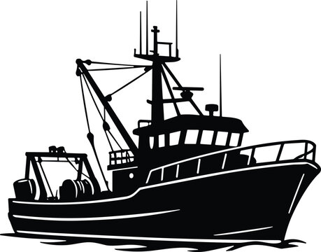 Vector silhouette of a commercial fishing trawler boat on white background for nautical industry and seafood branding