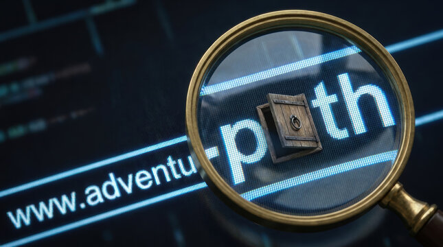 Online scam prevention illustrated with magnifying glass over web address showing hidden door and depth concept