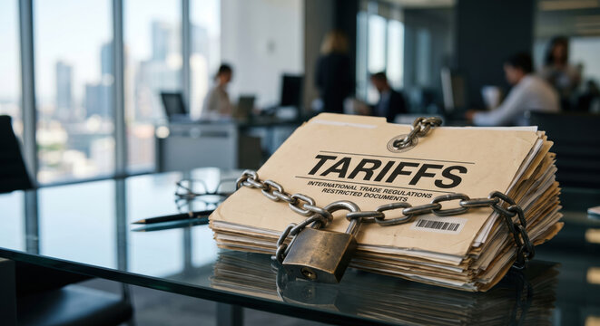 Tariffs document locked with chain and padlock on office desk symbolizing us china trade tensions and restricted international regulations impact