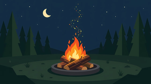 Vector illustration of a cozy campfire burning at night in a pine forest under a crescent moon and starry sky