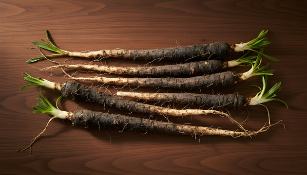 Raw black salsify and scorzonera roots on wood