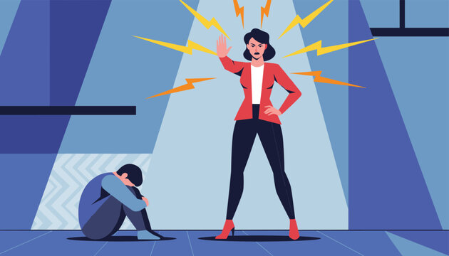 Angry female manager shouting at a cowering male employee during a heated workplace conflict or professional argument.