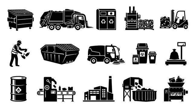 Waste Management and Recycling Black  White Glyph Icons Set. Garbage, Disposal  Environmental Services Pictograms.