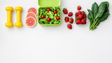 Fototapeta premium Healthy Lifestyle Concept with Fitness Equipment and Fresh Nutritious Food Flat Lay