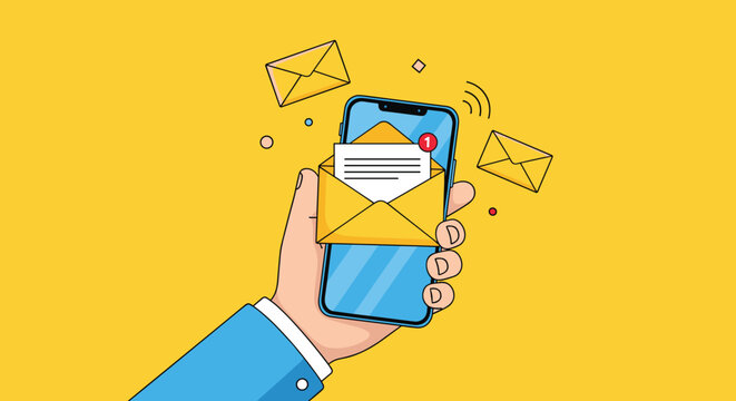 Hand holding a blue smartphone with a large yellow envelope and a letter appearing on the screen on a yellow background.