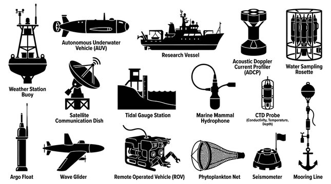 Black  White Glyph Icons Set of Oceanographic Research Equipment