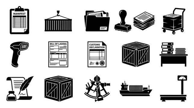 Logistics and Shipping Industry Glyph Icons Collection - Customs, Cargo, Manifest, Bill of Lading Symbols