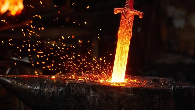 Glowing Hot Fantasy Sword Forged on Blacksmith Anvil with Flying Sparks
