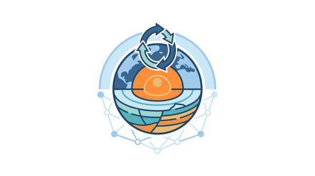 Cross section illustration of the Earth showing internal layers and a recycling cycle symbol.