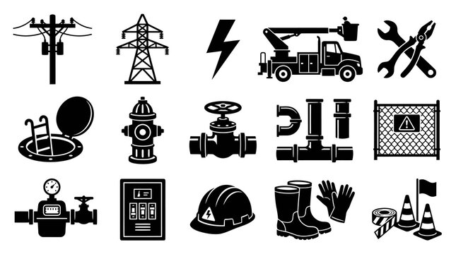 Electricity and Utility Industry Icons: Power Lines, Truck, Tools, Pipes, Safety