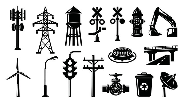 Black and White Glyph Vector Icons Set of Infrastructure, Utilities, and Urban Elements Symbols