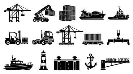 Obraz premium Harbor Logistics Icons Set. Black White Port and Shipping Industry Glyph Symbols Collection.