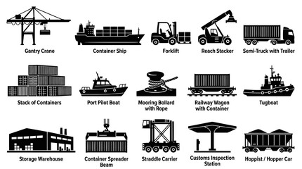 Fototapeta premium Port and Logistics Silhouettes: Crane, Ship, Truck, Forklift, Train, Tugboat Icons