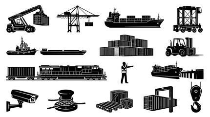 Fototapeta premium Logistics and Shipping Industry Black White Glyph Vector Icons Set: Cargo Transportation Port Operations