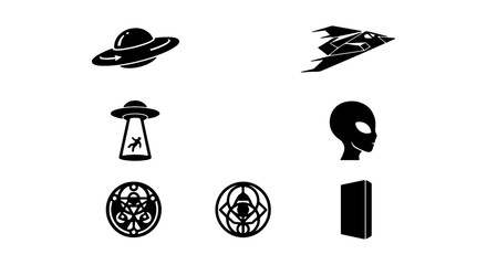 Sci-Fi Icons: UFO, Alien Head, Spaceship, Beam, Geometric Symbols, Black Vector Set © Saifur