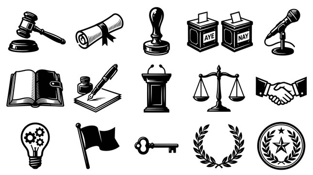Black and white icons: gavel, scroll, stamp, ballot boxes, microphone, book, pen, podium, scales, handshake, lightbulb, flag, key, laurel wreath, seal.