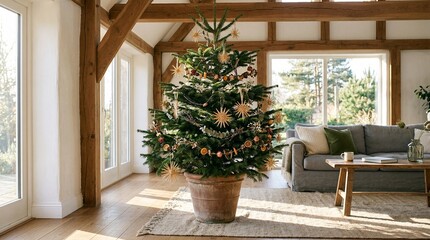 Fototapeta premium Eco friendly Christmas tree in terracotta pot with straw star decorations