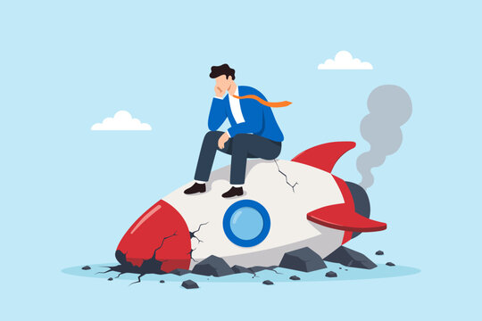 Flat illustration of depressed entrepreneur sitting on crashed rocket symbolizing startup failure business risk unexpected setback venture collapse and bankruptcy concept