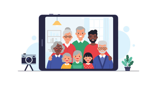 Diverse multigenerational family posing for a video call or digital photo displayed on a large tablet screen with a camera nearby.