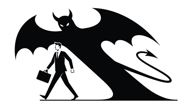 Businessman walking with a briefcase while being followed by the giant dark shadow of a winged devil with horns.