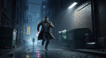 Obraz premium Cinematic Action Scene of a Man in a Trench Coat Running Through a Dark Rainy Alleyway at Night in a Noir Style City