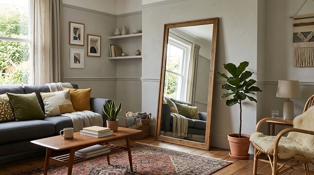 Cozy modern living room with large floor mirror and indoor plants