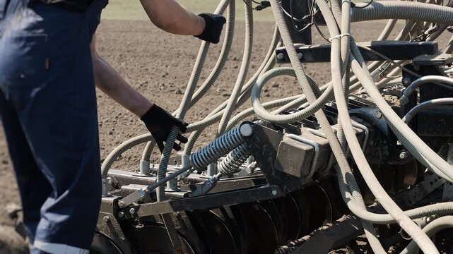 Farmer inspecting seed delivery tubes on modern seeder machine before planting. Agricultural equipment maintenance, crop sowing and precision farming concept.