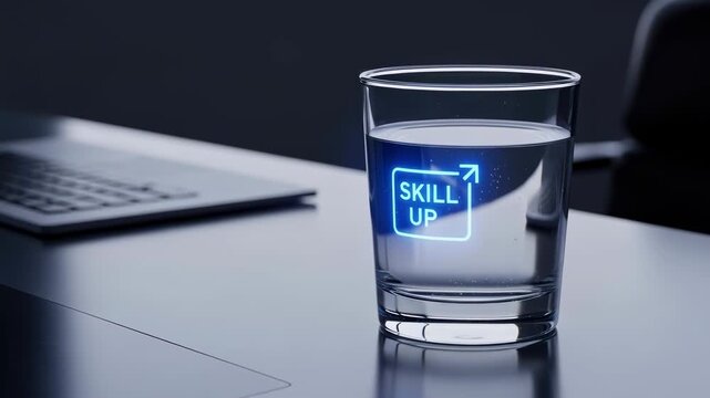 Workforce reskilling automation skill up concepts with glass of water on office desk inspiring growth and career development using laptop