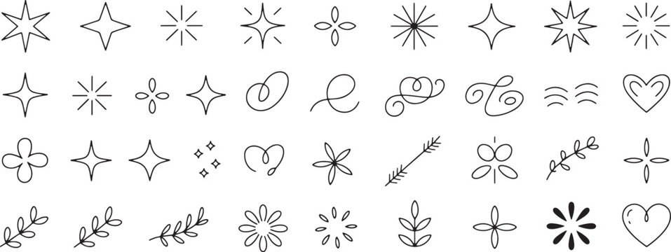 Assortment of hand-drawn doodle including stars sparkles hearts leaves and arrows for creative and scrapbooking