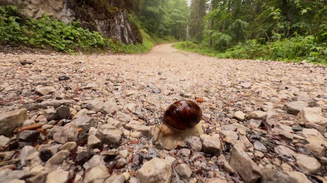 Close-up of a snail with a brown shell slowly crossing a wet gravel path. A lush green forest providing a natural backdrop