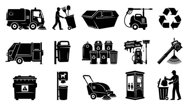 Cleaning  Waste Management Glyph Icons. Public Sanitation Equipment, Recycling, Janitorial Service Silhouettes.
