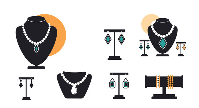 Elegant jewelry display including necklaces, earrings, and bracelets on black mannequins and stands against a minimalist backdrop.