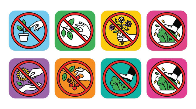 Set of eight prohibited signs showing various restrictions for protecting plants and flowers in nature