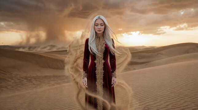 An exotic blonde woman in an ornate red velvet dress stands serenely in a desert as a dramatic sandstorm swirls around her under a cloudy sky.