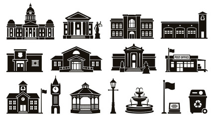 Naklejka premium Black and White Vector Icons of Civic Buildings and City Elements