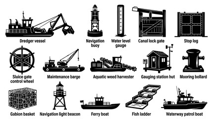 Fototapeta premium Black and White Waterway Engineering and Maritime Icons - Navigation, River Management Infrastructure Glyphs