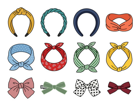 Set of colorful hair accessories including headbands and bows for women on a white background