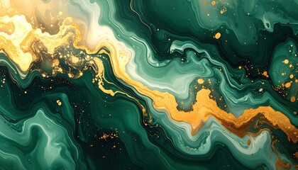 Obraz premium Emerald & gold swirling abstract art with fluid strokes, light flares & hints of glitter