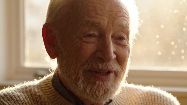 Elderly man with white beard smiling warmly in golden hour light
