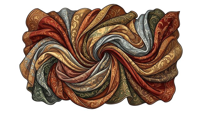 Swirling ornate fabrics with elegant damask patterns in rich colors