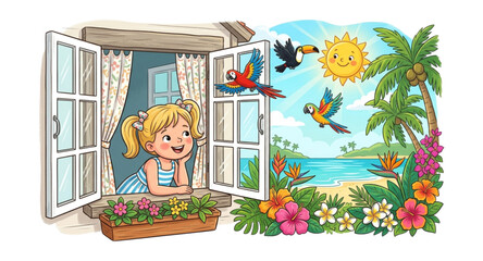 Cute blonde girl looking out of an open window at a tropical beach with flying parrots and toucan © Wilda