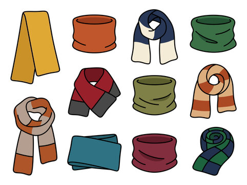 Colorful winter scarves collection set featuring various knitted neck warmers and fashion accessories for cold weather