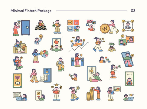 Minimal fintech character set featuring digital payments, mobile banking, investment, security, savings, and financial technology services.