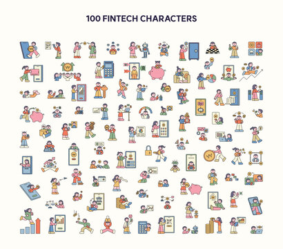 100 fintech characters featuring digital payments, mobile banking, investment, savings, security, and financial technology services in a flat vector style.